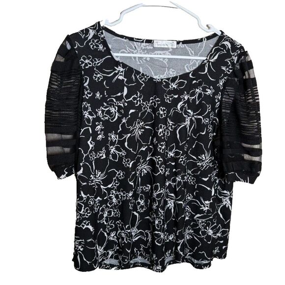 89th + Madison Blouse Women's Large Black Short Sleeve Square Neck Sheer Top - Picture 1 of 8